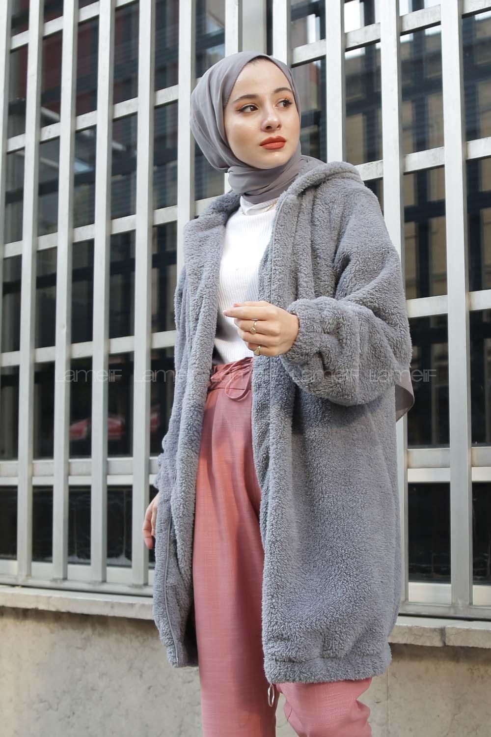 Modalamelif Kapşonlu Peluş Mont Gri