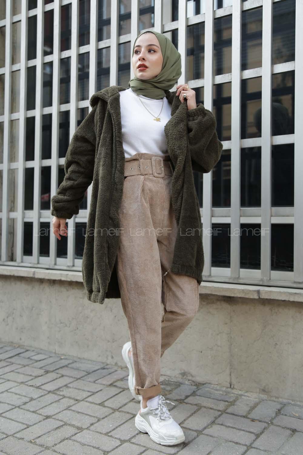 Modalamelif Kapşonlu Peluş Mont Haki