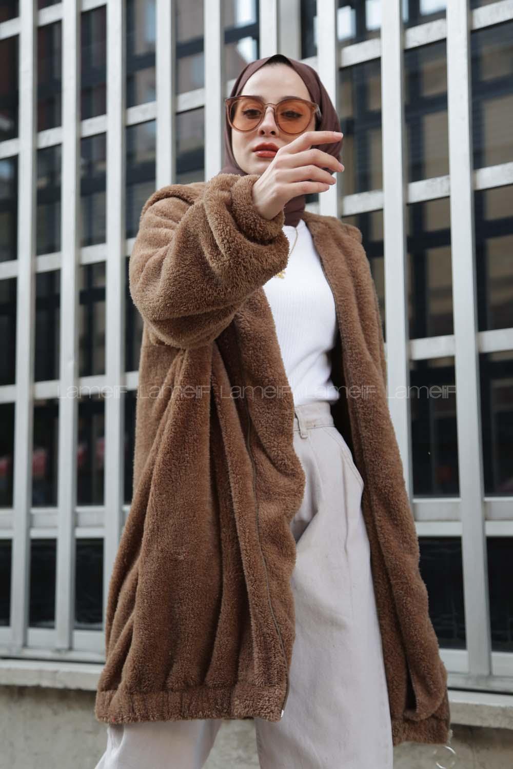 Modalamelif Kapşonlu Peluş Mont Kahverengi