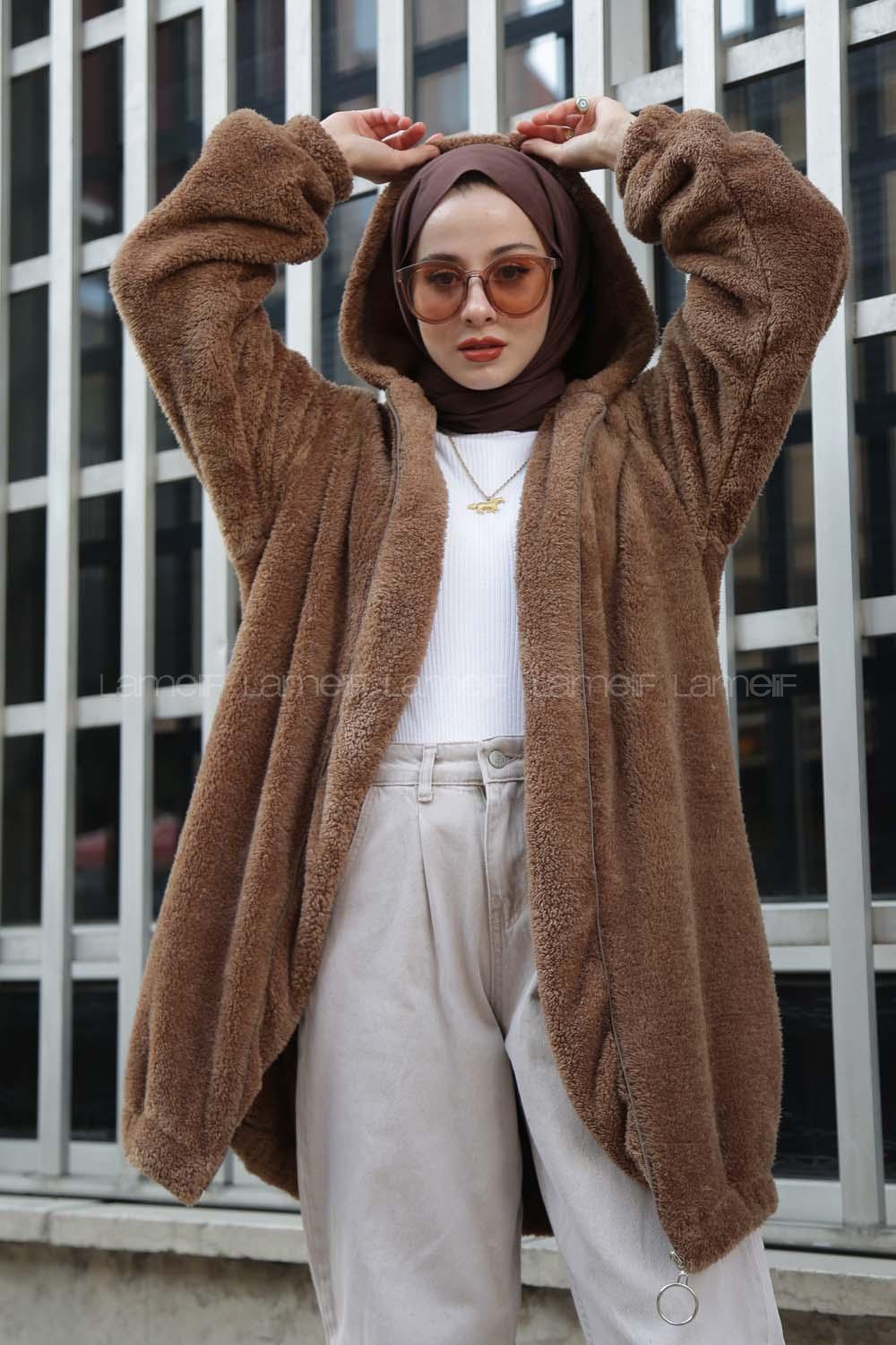 Modalamelif Kapşonlu Peluş Mont Kahverengi