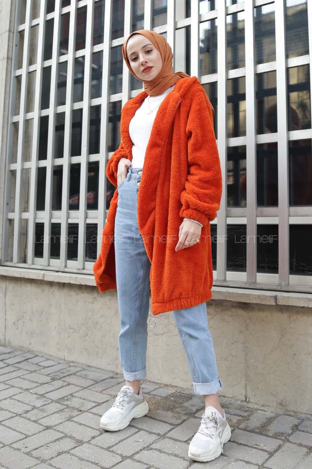 Modalamelif Kapşonlu Peluş Mont Oranj