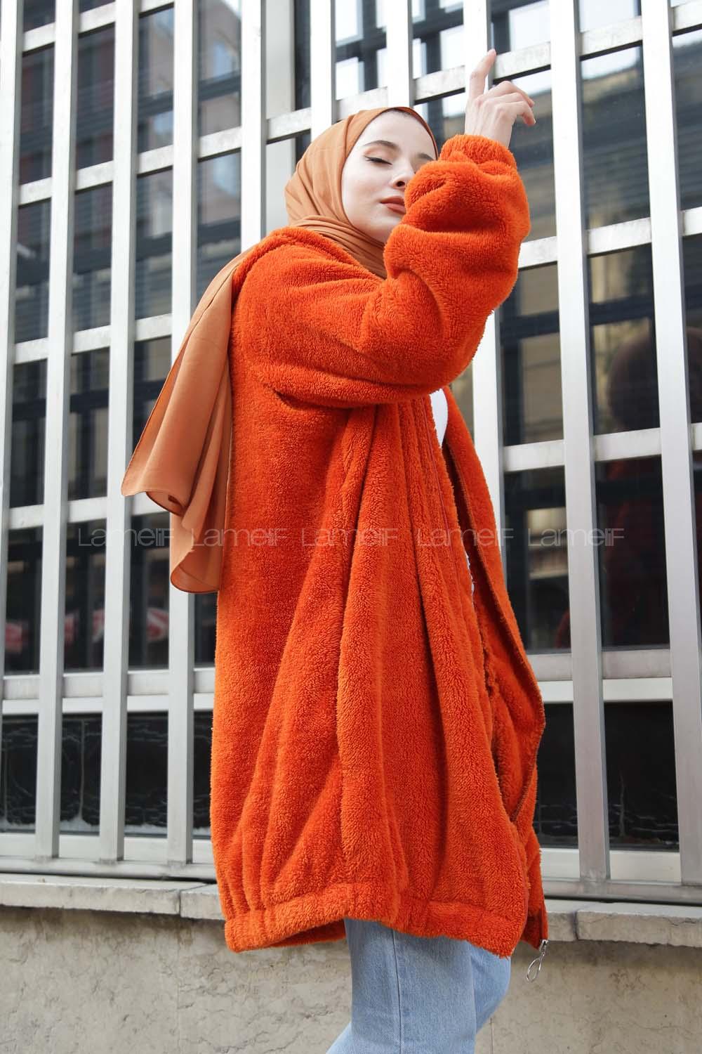 Modalamelif Kapşonlu Peluş Mont Oranj