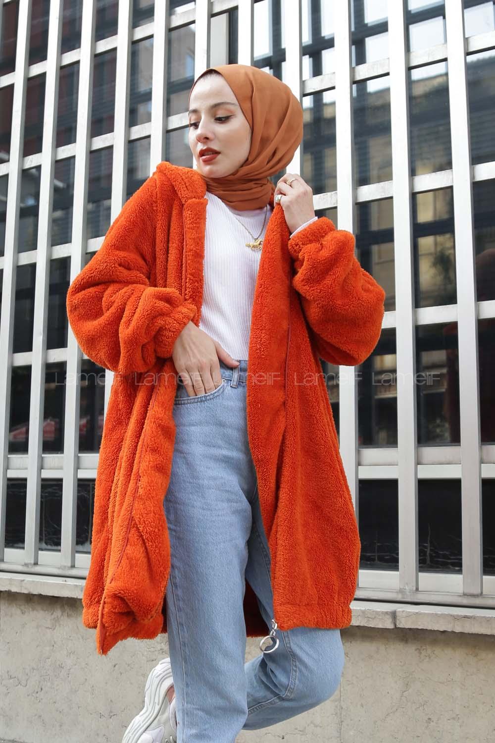 Modalamelif Kapşonlu Peluş Mont Oranj