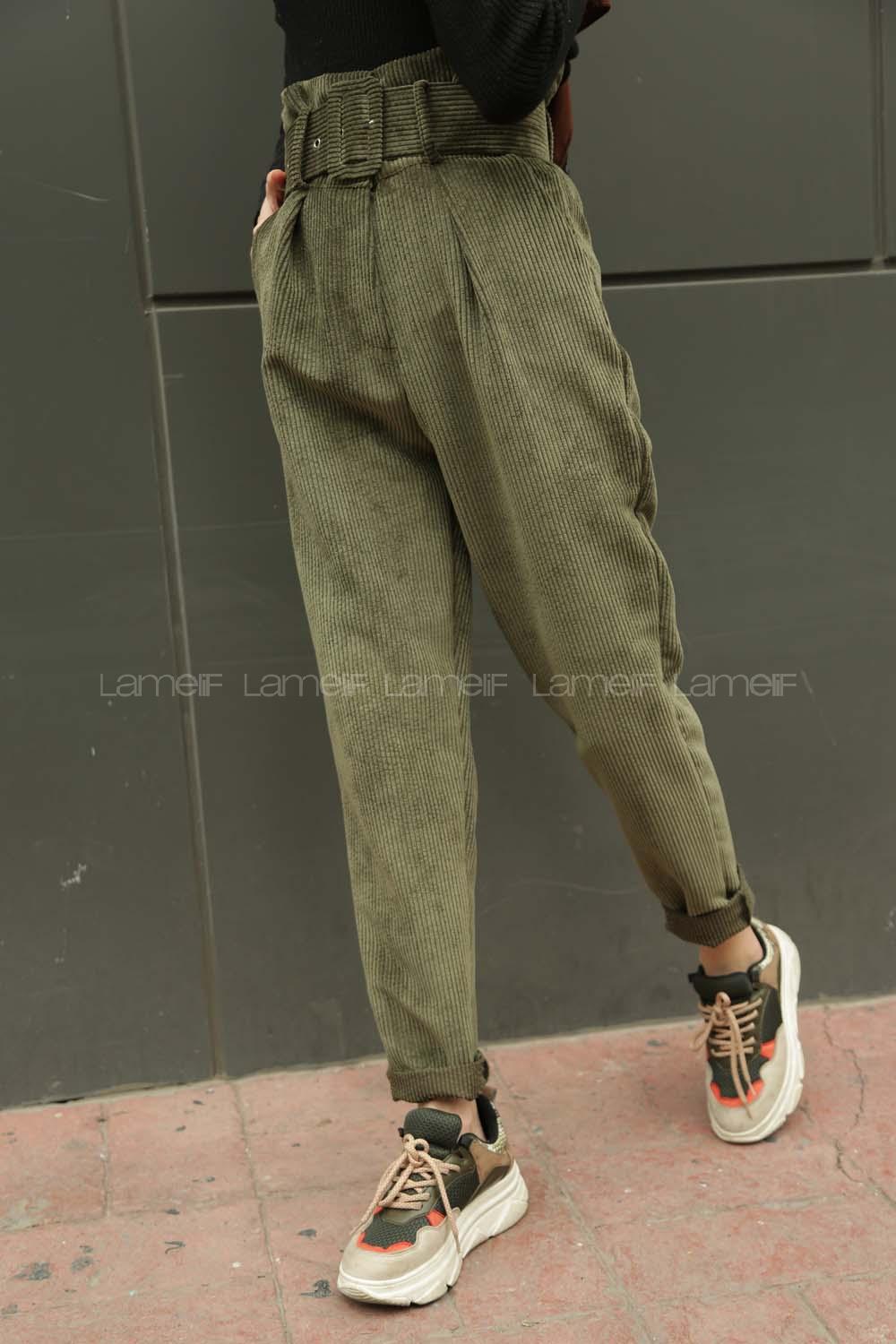 Modalamelif Kemerli Aerobin Kadife Pantolon  Haki