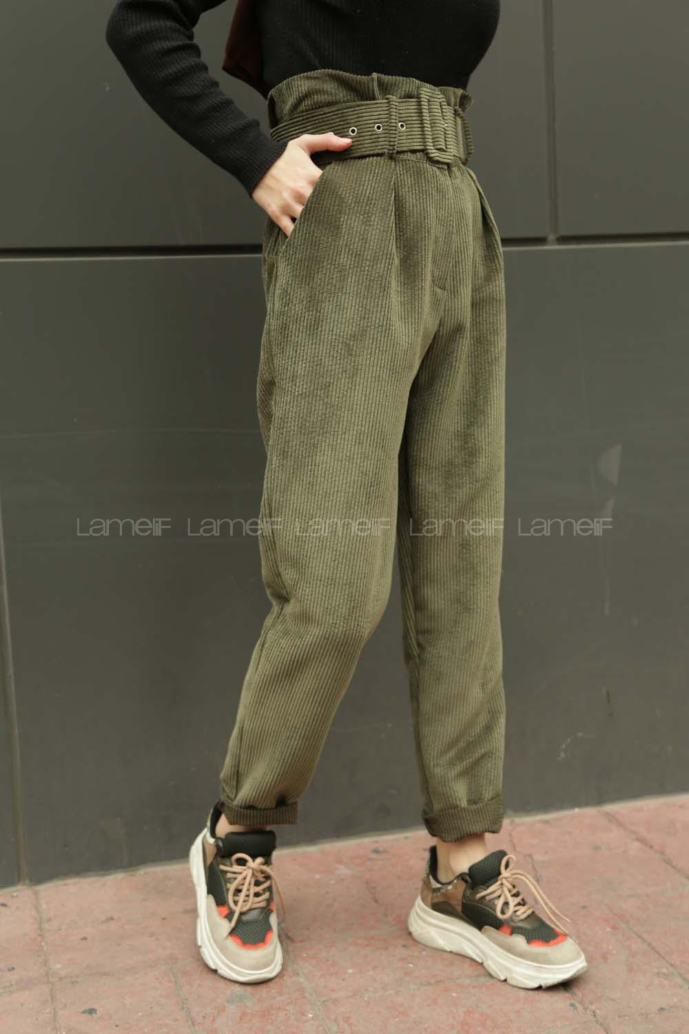 Modalamelif Kemerli Aerobin Kadife Pantolon  Haki