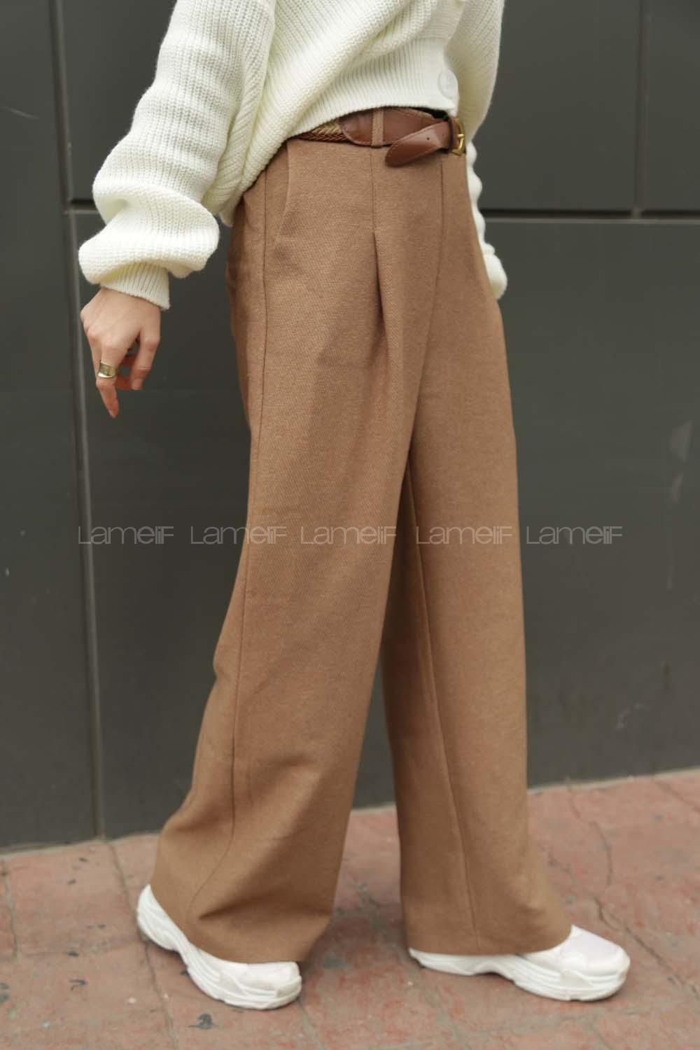 Modalamelif Kemerli Bol Paça Pantolon Sütlü Kahve