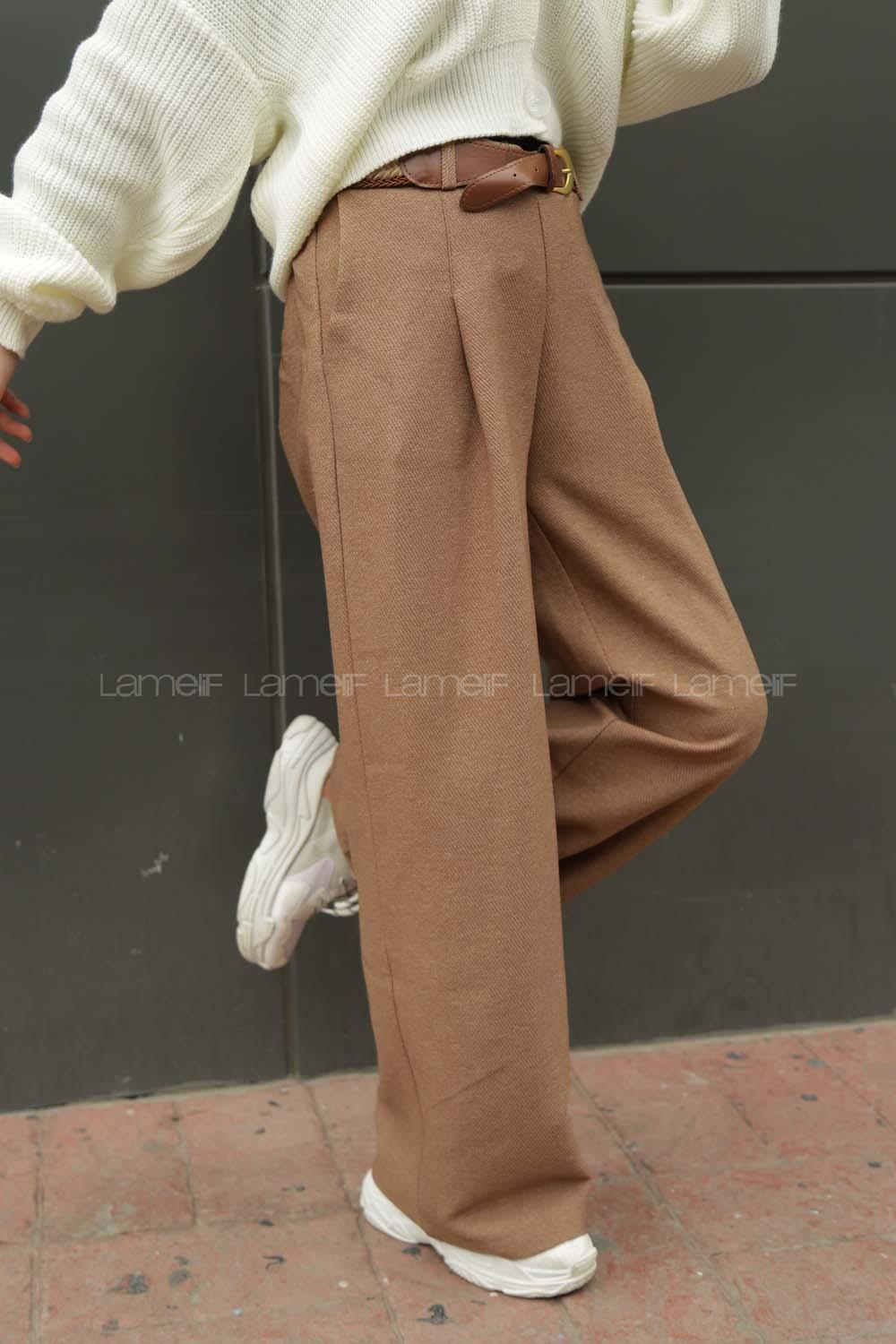 Modalamelif Kemerli Bol Paça Pantolon Sütlü Kahve