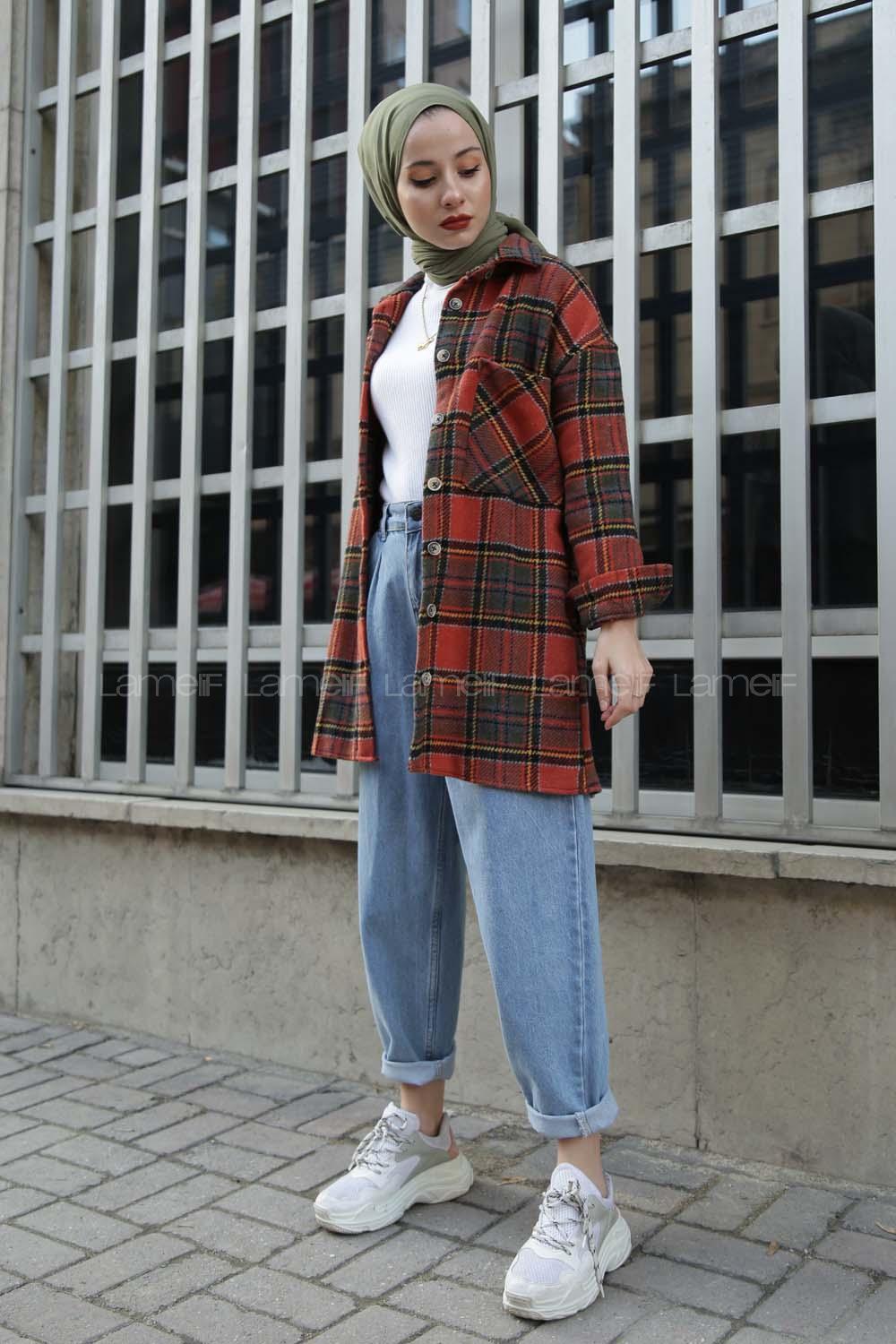 Modalamelif Tek Cepli Uzun  Ekose Gömlek Tarçın