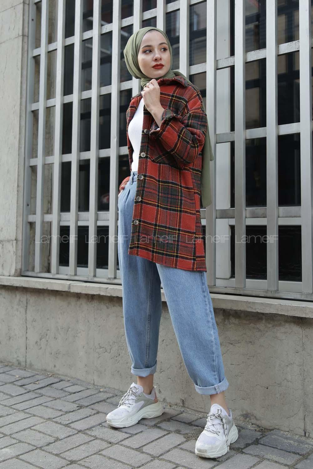 Modalamelif Tek Cepli Uzun  Ekose Gömlek Tarçın