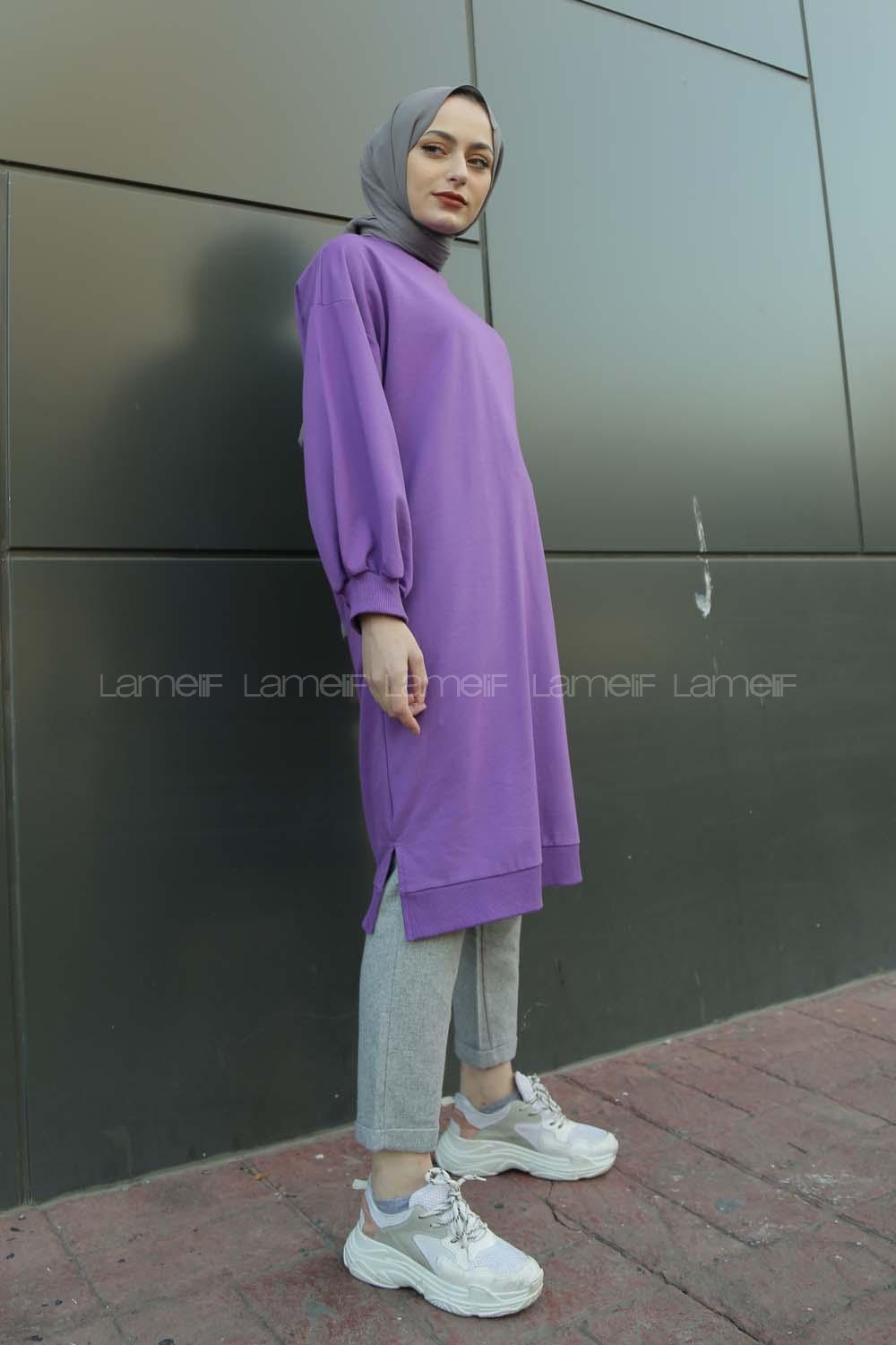 Modalamelif Balon Kol Düz Renk Sweat Mor