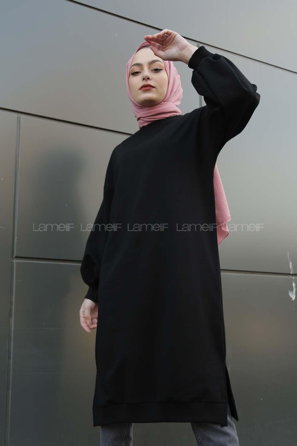 Modalamelif Balon Kol Düz Renk Sweat Siyah