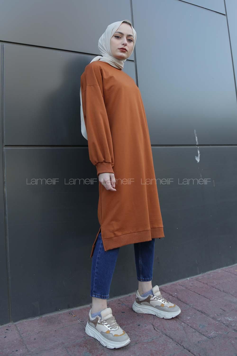 Modalamelif Balon Kol Düz Renk Sweat Taba