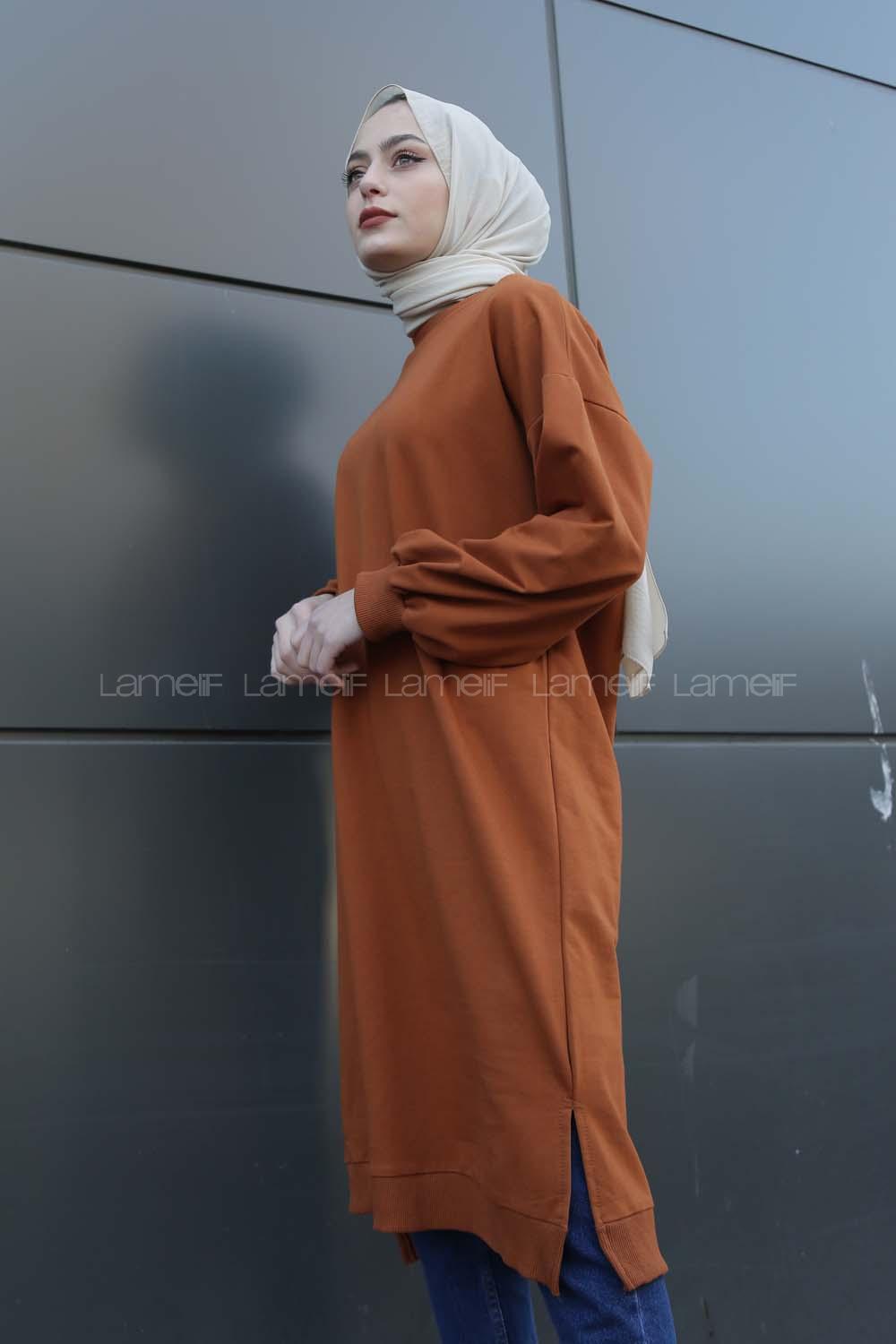 Modalamelif Balon Kol Düz Renk Sweat Taba