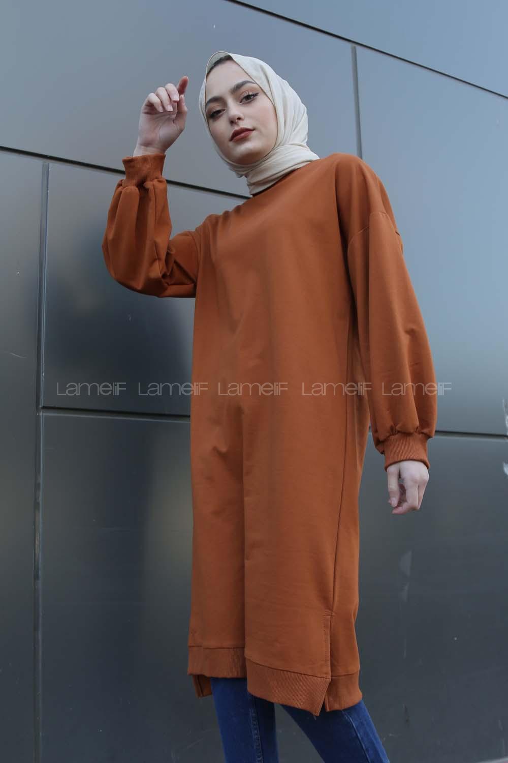 Modalamelif Balon Kol Düz Renk Sweat Taba