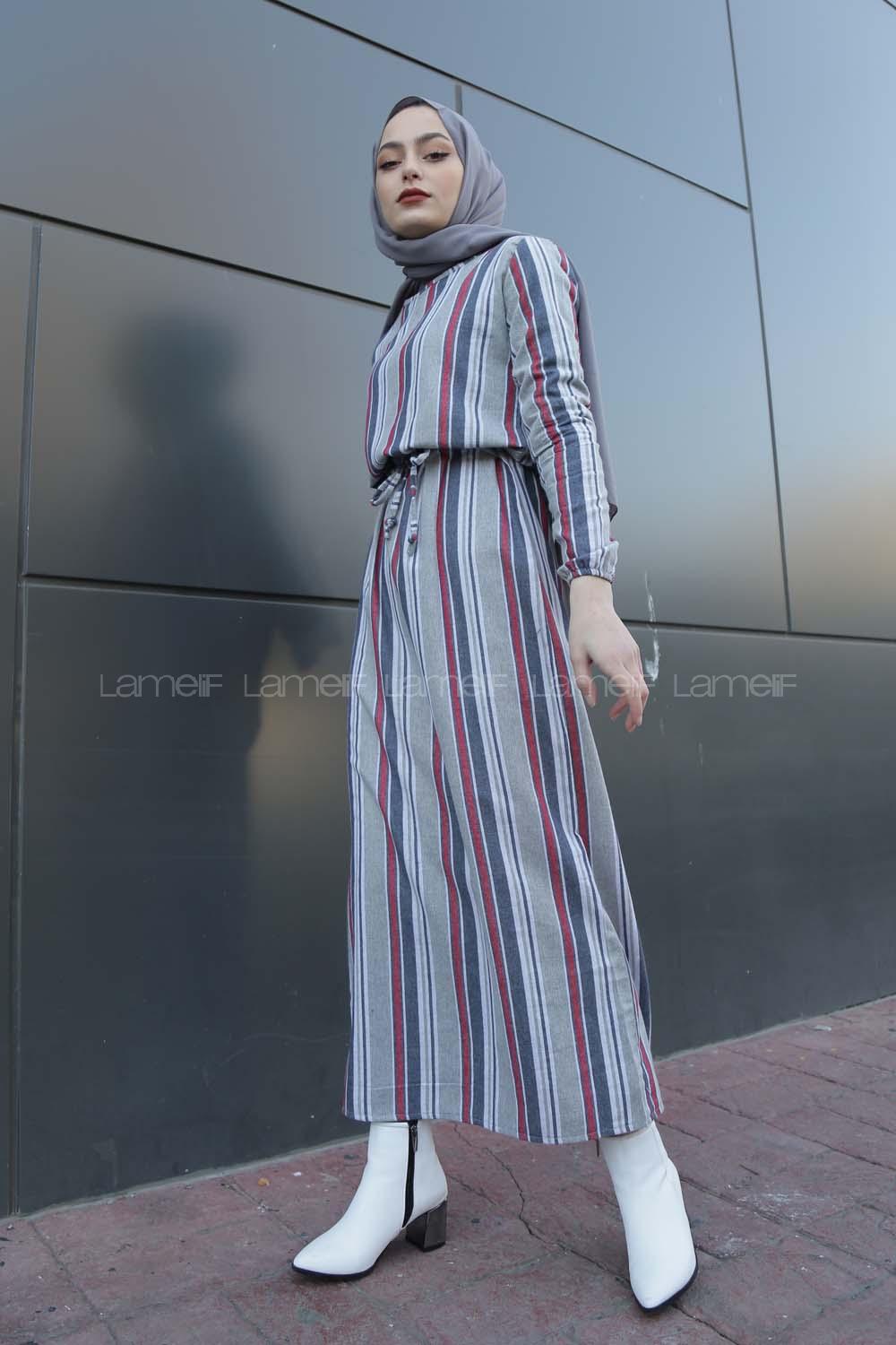 Modalamelif Belden Bağcıklı Elbise Gri Bordo