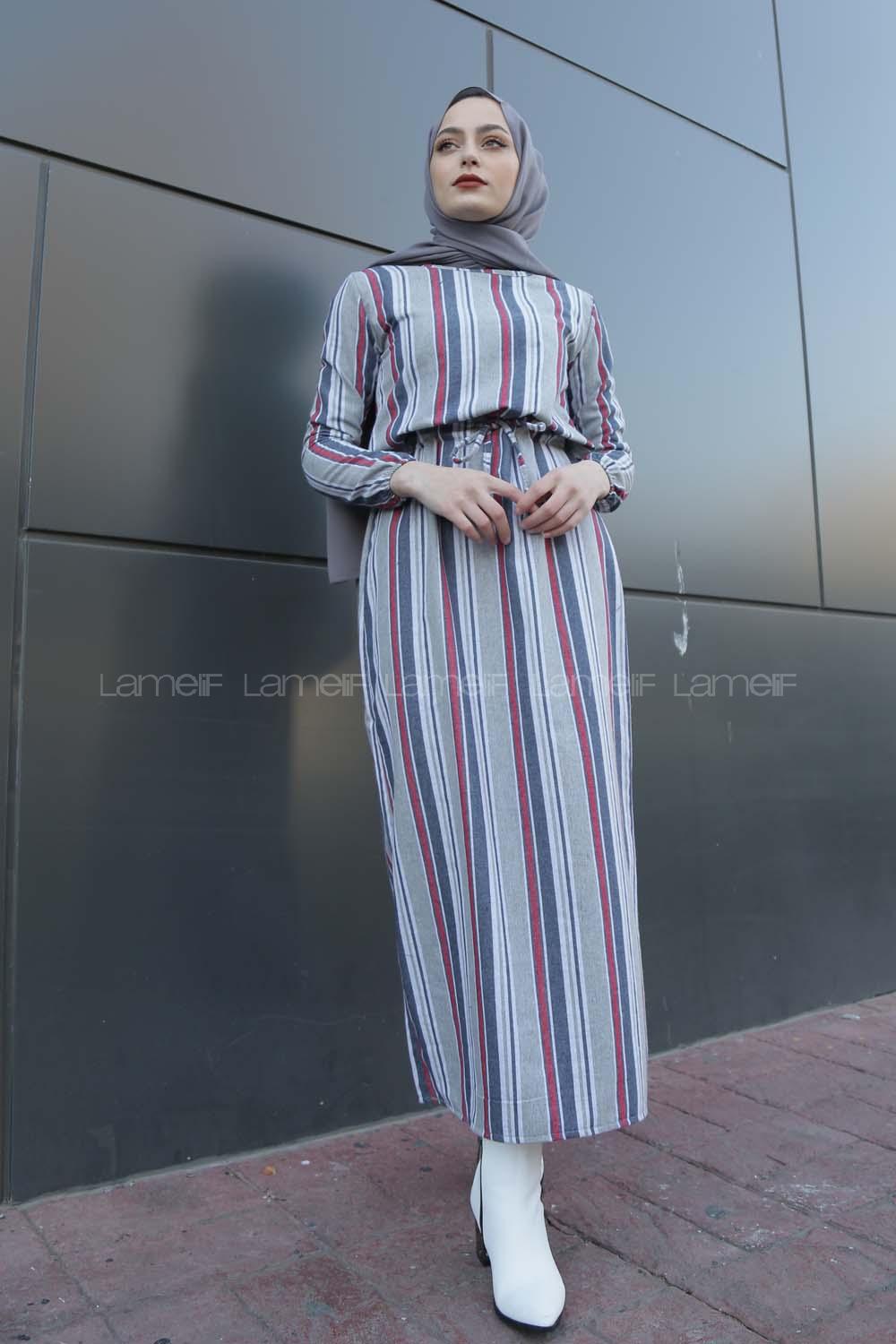 Modalamelif Belden Bağcıklı Elbise Gri Bordo