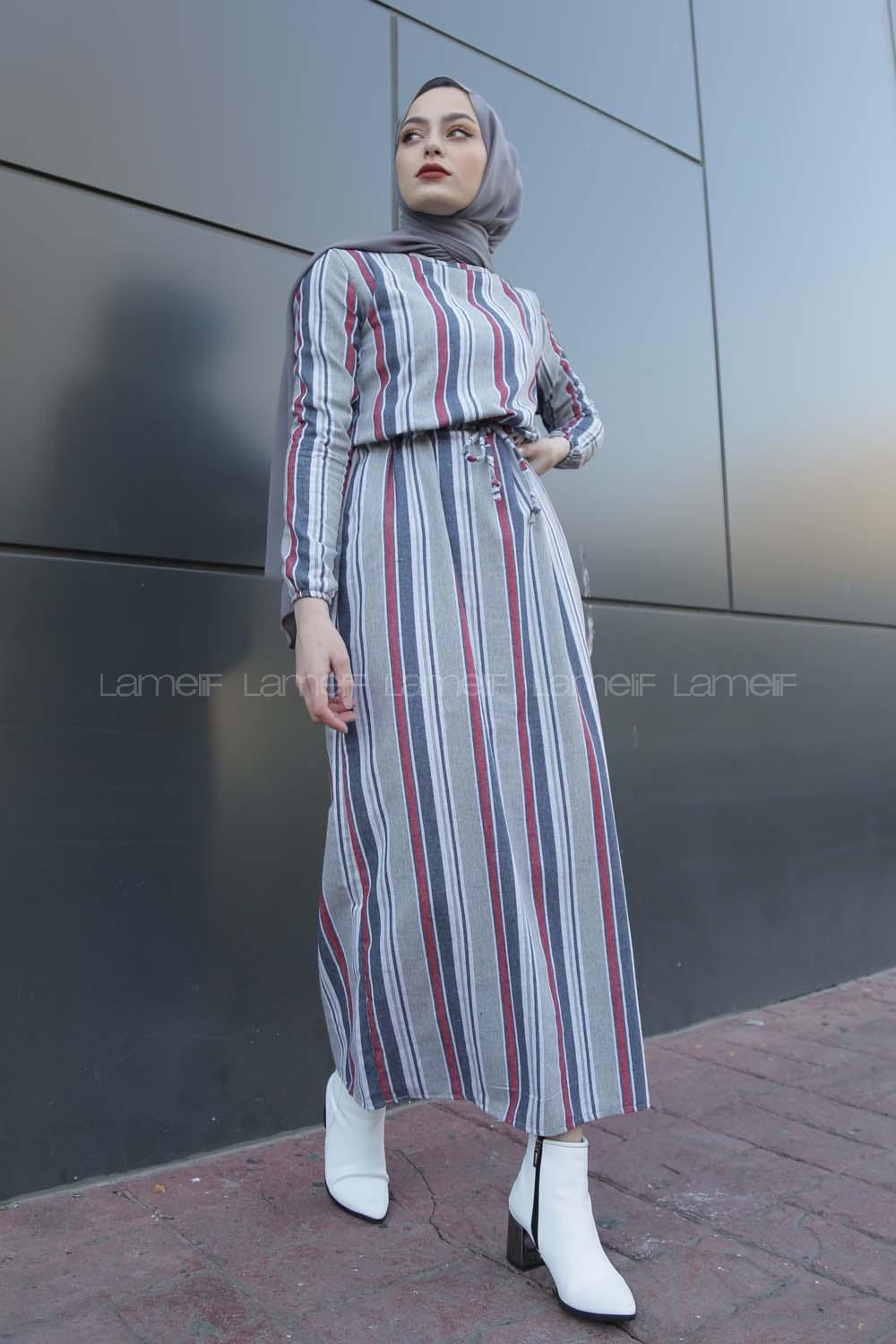 Modalamelif Belden Bağcıklı Elbise Gri Bordo