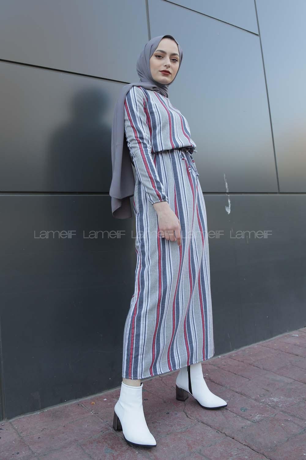 Modalamelif Belden Bağcıklı Elbise Gri Bordo