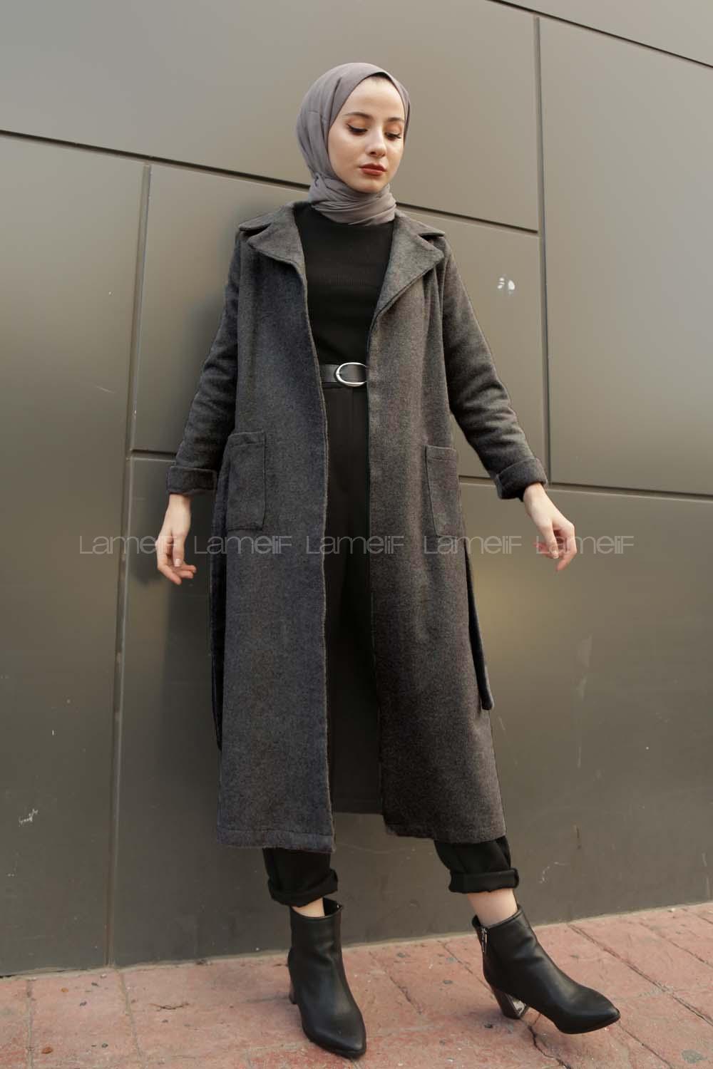 Modalamelif Belden Bağlamalı Çift Cep Detaylı  Kaşe Kaban Antrasit