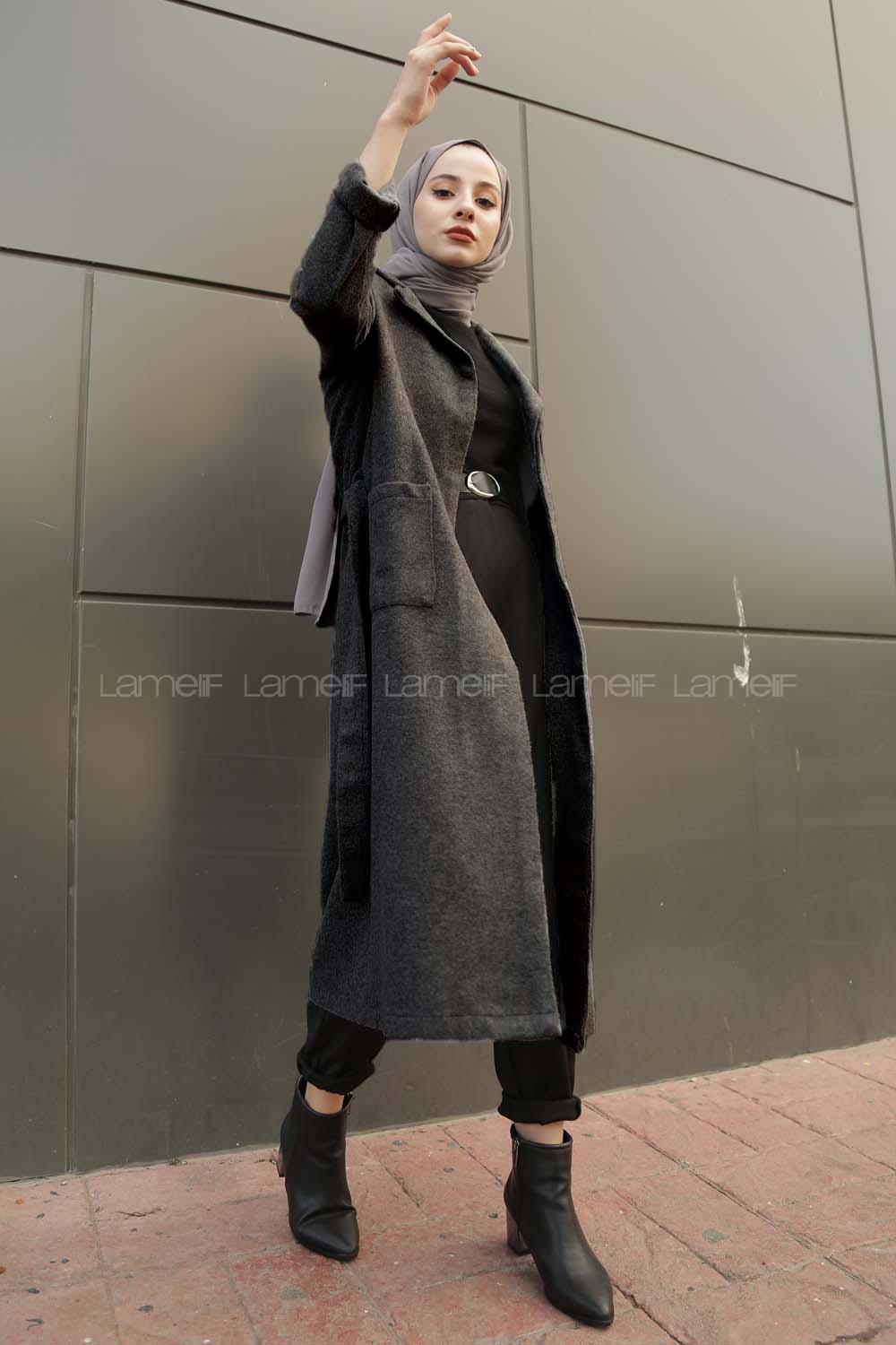 Modalamelif Belden Bağlamalı Çift Cep Detaylı  Kaşe Kaban Antrasit