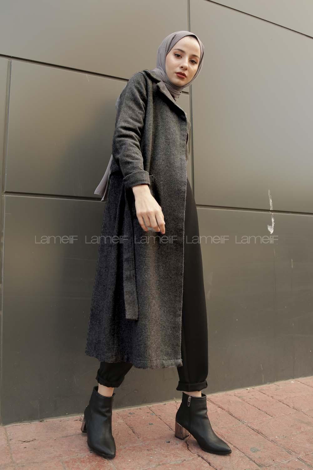 Modalamelif Belden Bağlamalı Çift Cep Detaylı  Kaşe Kaban Antrasit