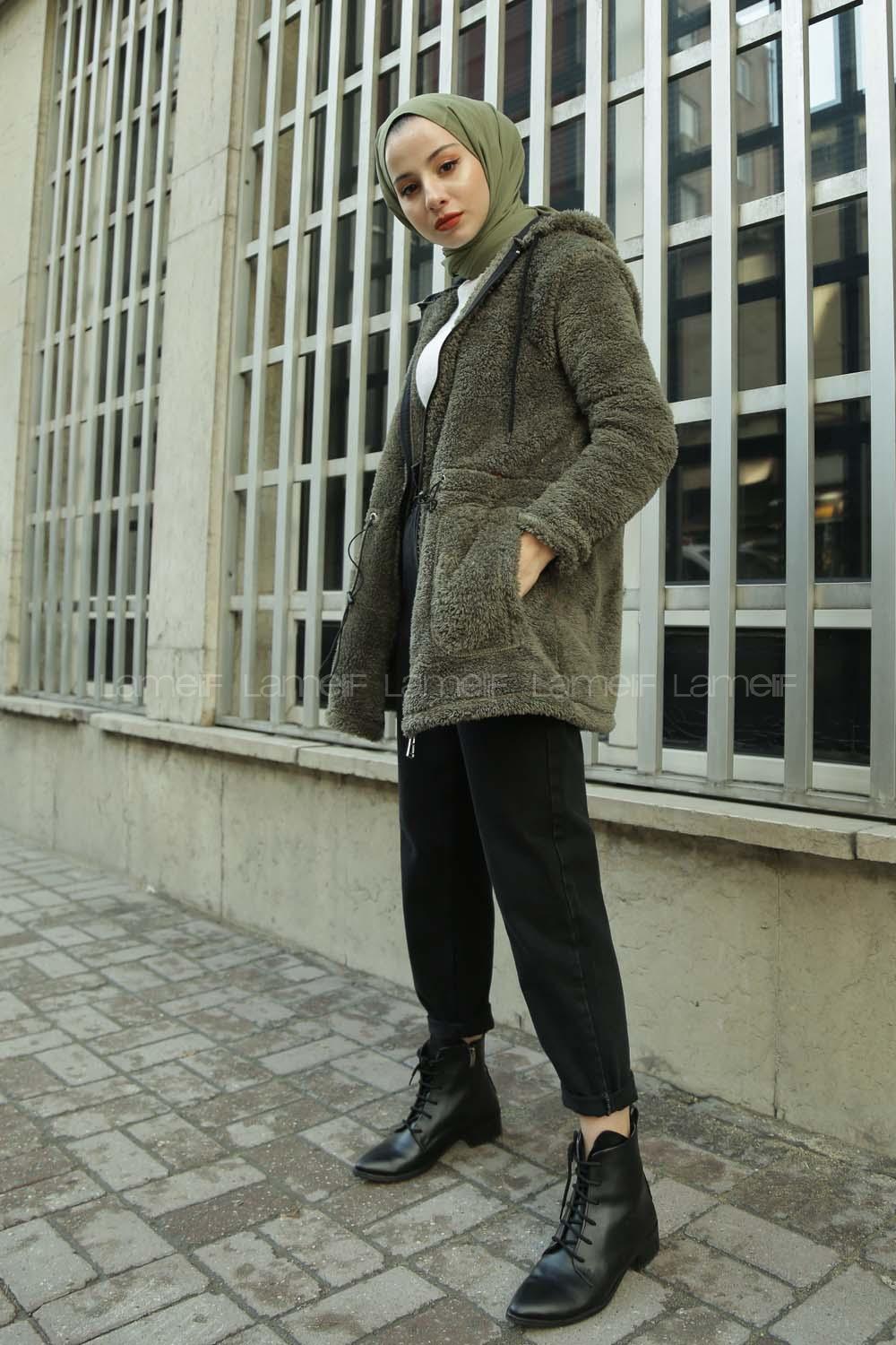 Modalamelif Beli Lastikli Kapşonlu Peluş Kürk Mont  Haki