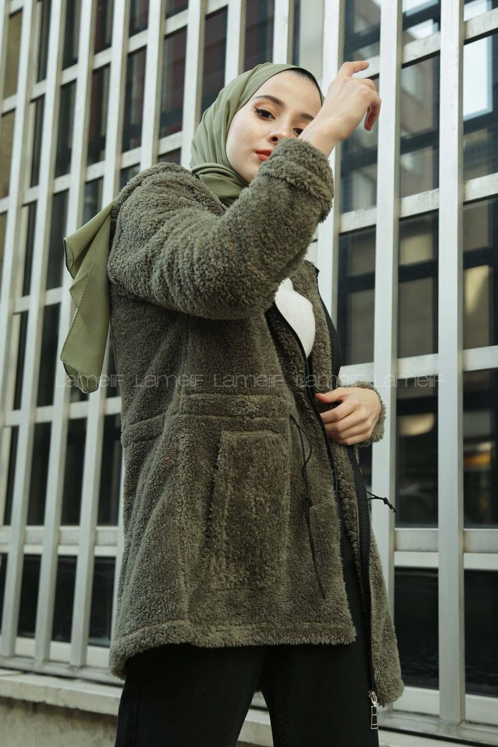 Modalamelif Beli Lastikli Kapşonlu Peluş Kürk Mont  Haki