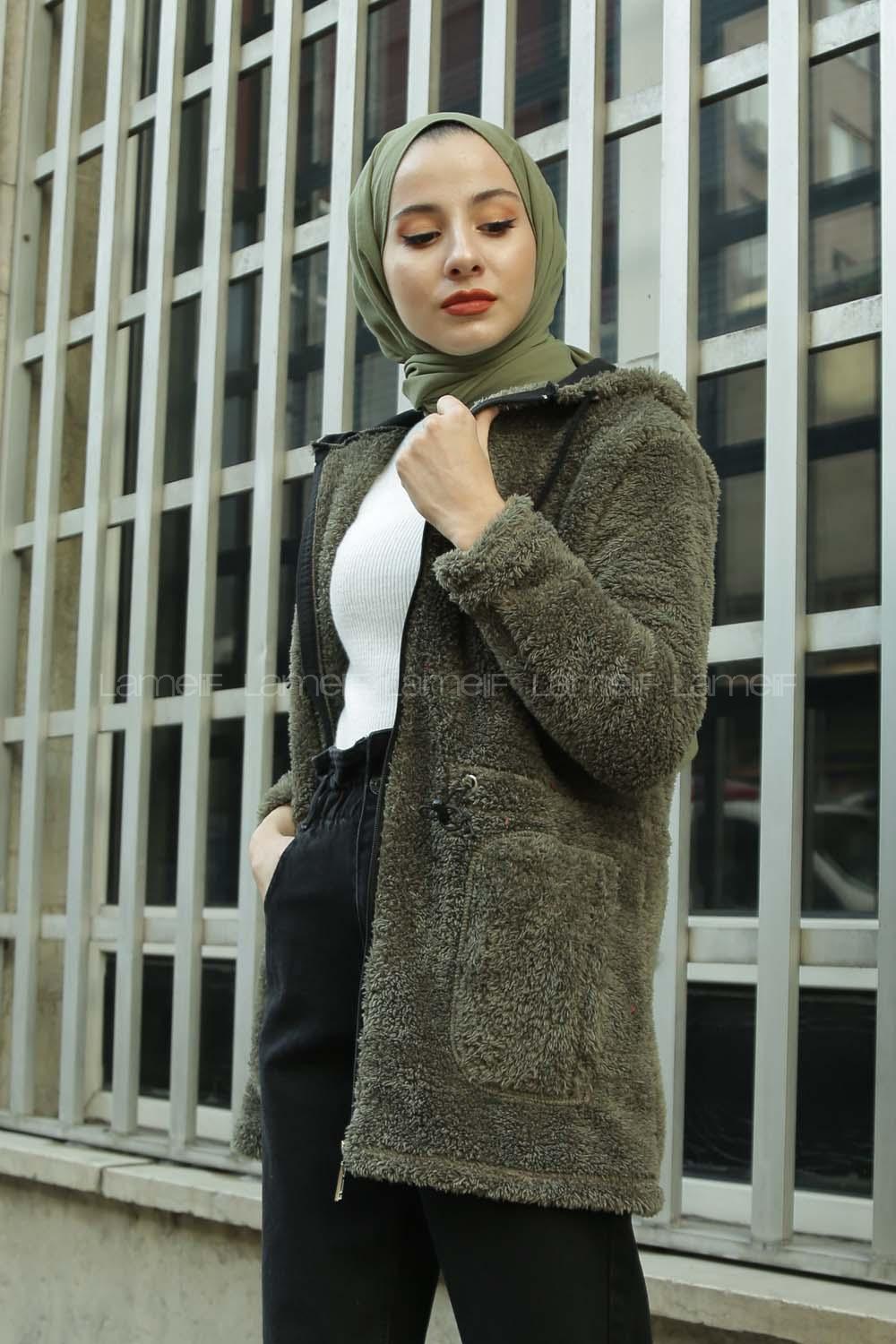 Modalamelif Beli Lastikli Kapşonlu Peluş Kürk Mont  Haki