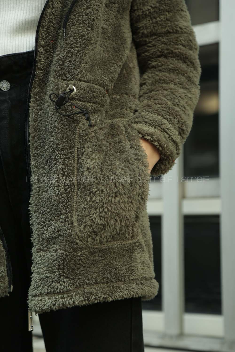 Modalamelif Beli Lastikli Kapşonlu Peluş Kürk Mont  Haki