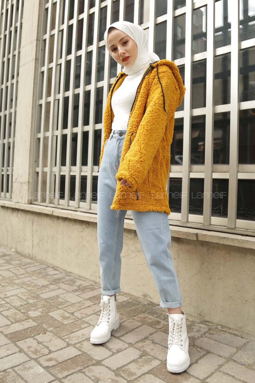 Modalamelif Beli Lastikli Kapşonlu Peluş Kürk Mont  Hardal Sarısı