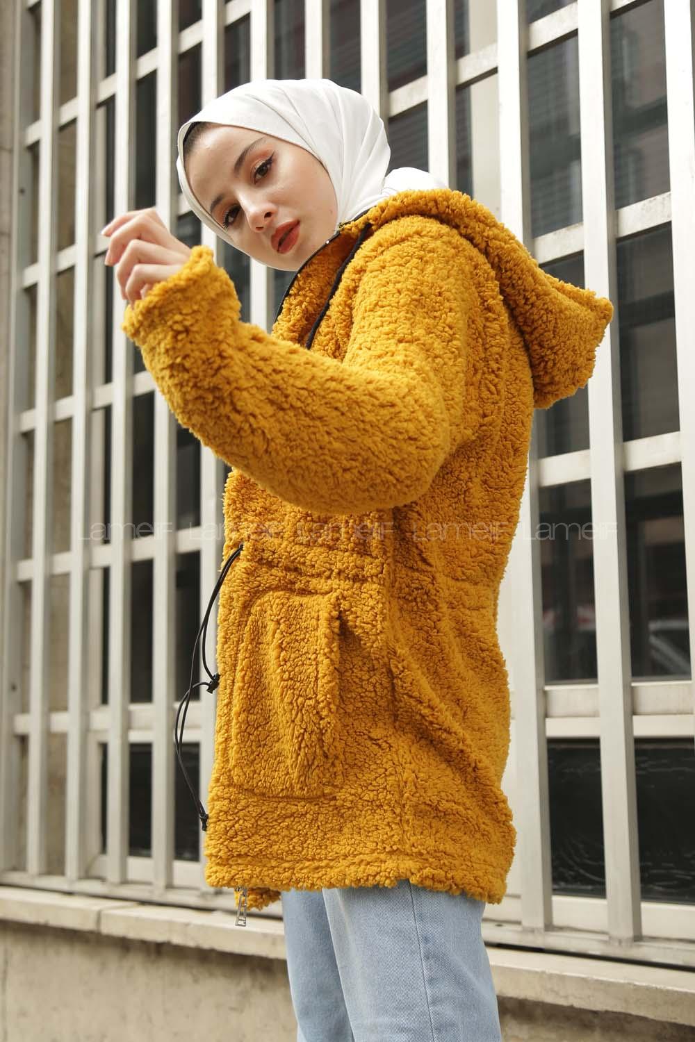 Modalamelif Beli Lastikli Kapşonlu Peluş Kürk Mont  Hardal Sarısı