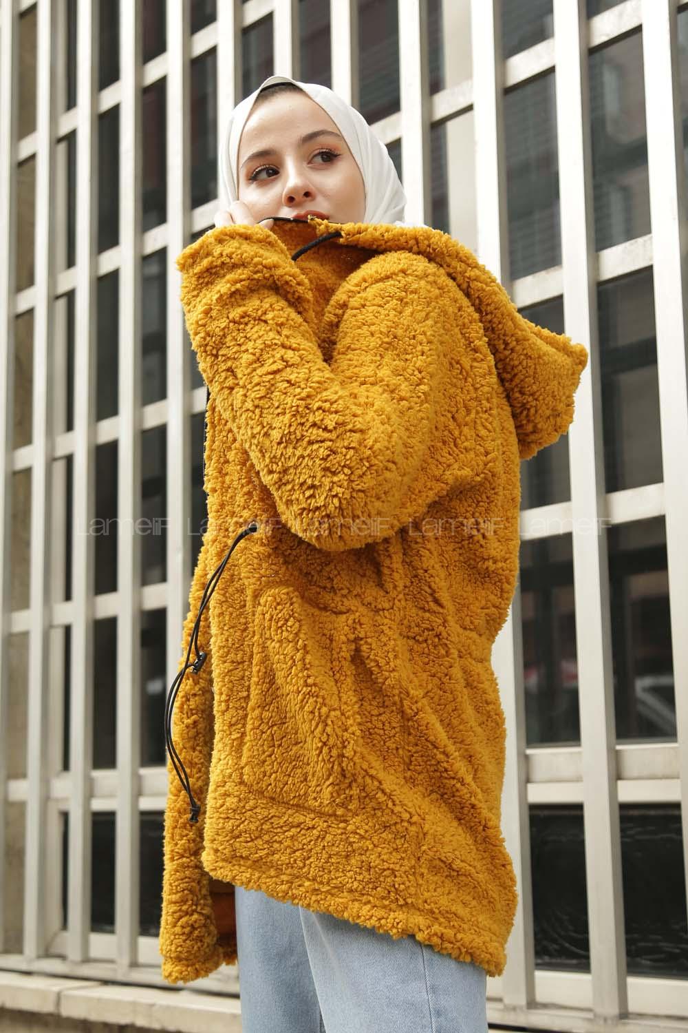 Modalamelif Beli Lastikli Kapşonlu Peluş Kürk Mont  Hardal Sarısı