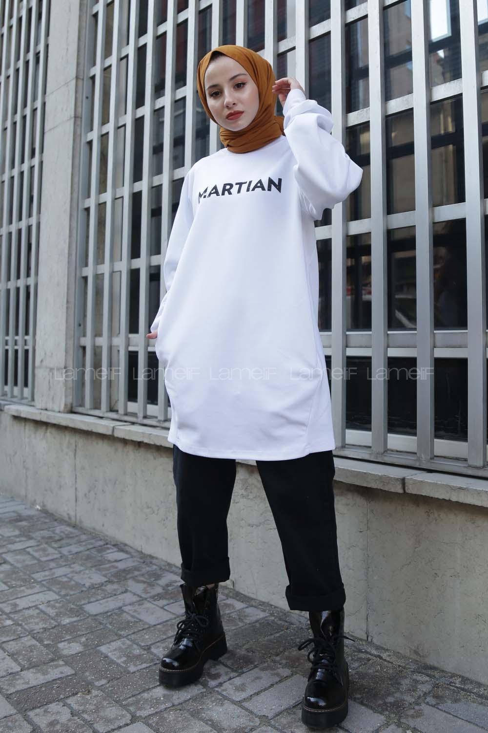 Modalamelif Bisiklet Yaka Martian Yazı Baskılı Sweat Beyaz