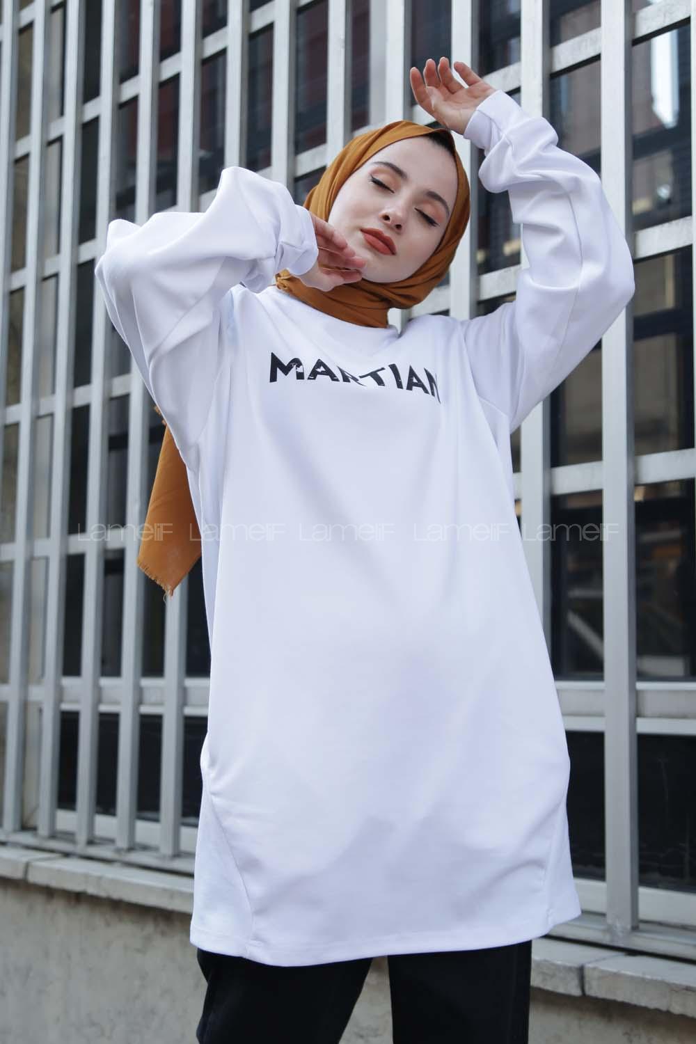 Modalamelif Bisiklet Yaka Martian Yazı Baskılı Sweat Beyaz