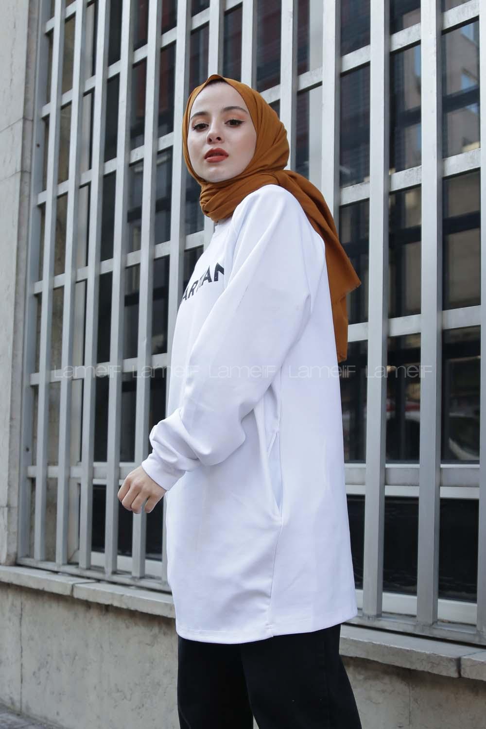 Modalamelif Bisiklet Yaka Martian Yazı Baskılı Sweat Beyaz