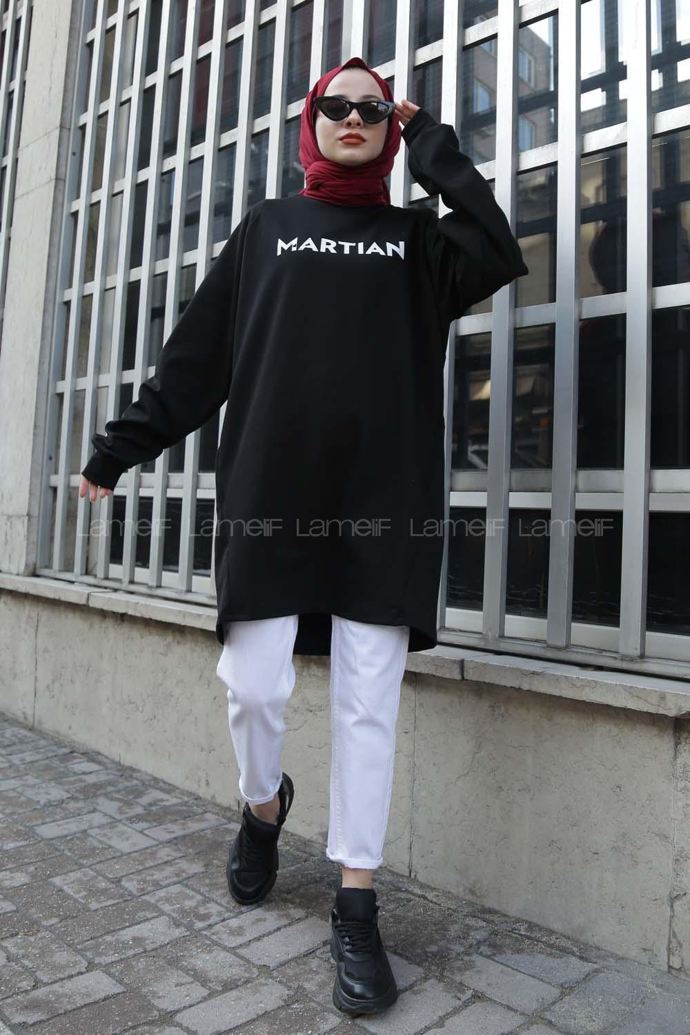 Modalamelif Bisiklet Yaka Martian Yazı Baskılı Sweat Siyah