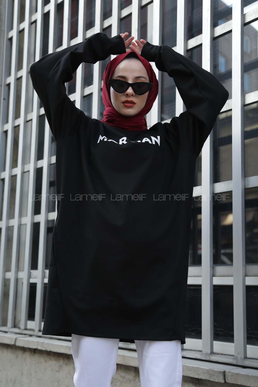 Modalamelif Bisiklet Yaka Martian Yazı Baskılı Sweat Siyah