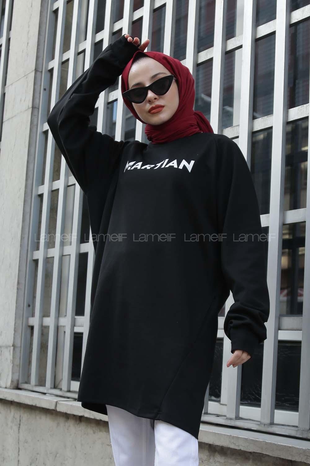 Modalamelif Bisiklet Yaka Martian Yazı Baskılı Sweat Siyah