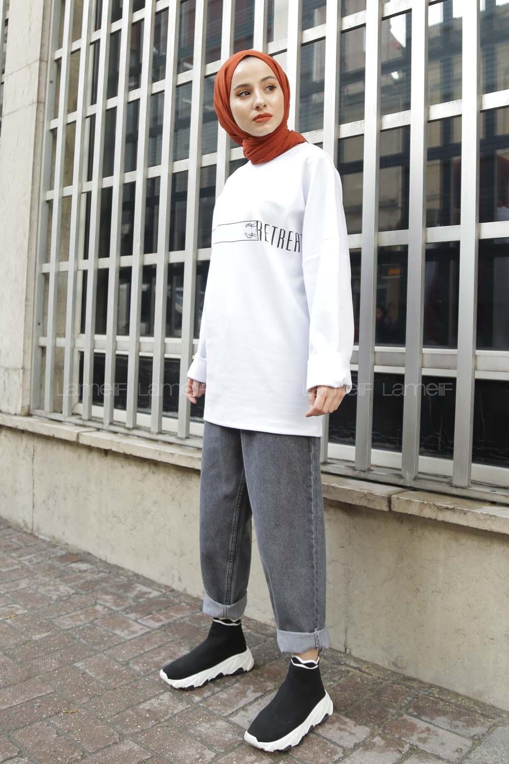 Modalamelif Bisiklet Yaka Retriat Yazı Baskılı Sweat Beyaz