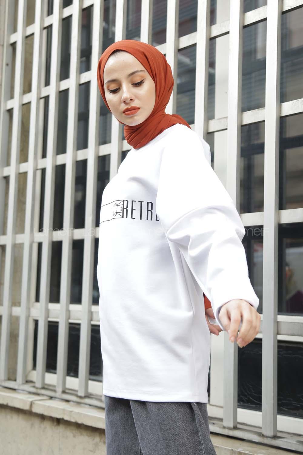 Modalamelif Bisiklet Yaka Retriat Yazı Baskılı Sweat Beyaz