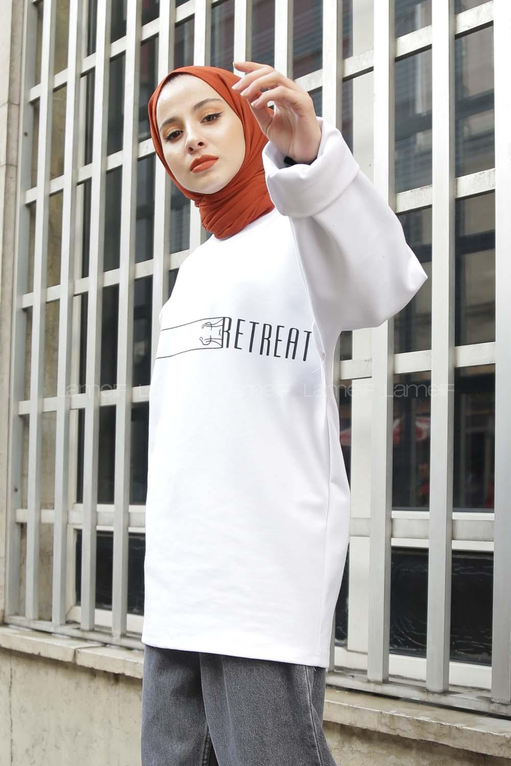 Modalamelif Bisiklet Yaka Retriat Yazı Baskılı Sweat Beyaz