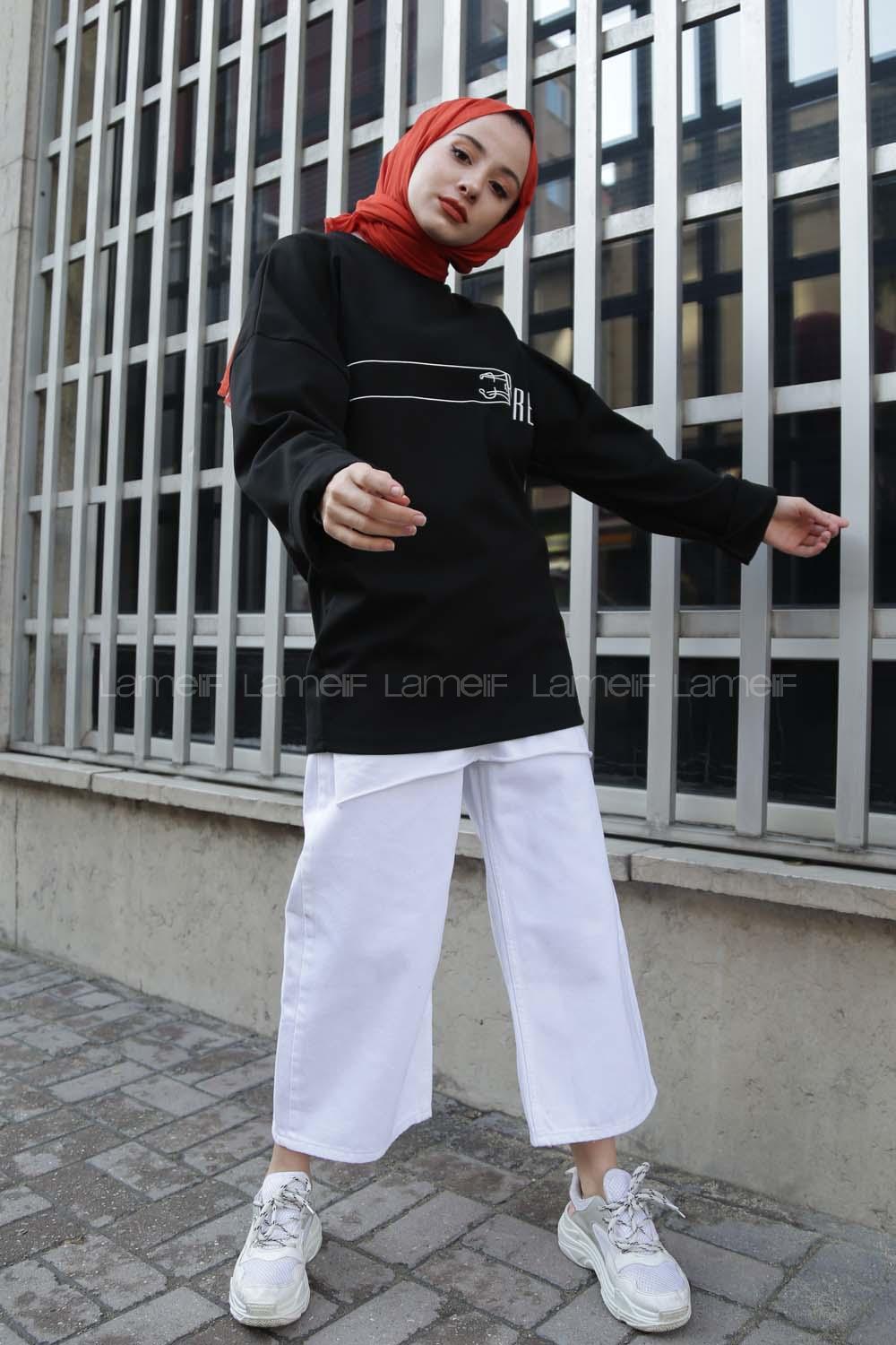 Modalamelif Bisiklet Yaka Retriat Yazı Baskılı Sweat Siyah