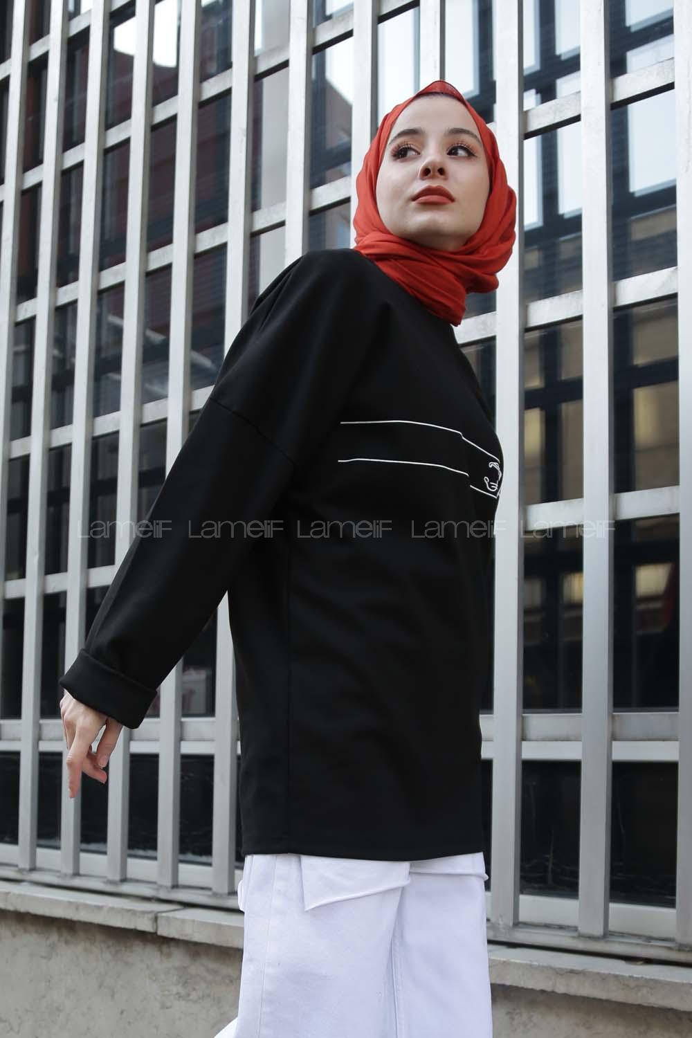 Modalamelif Bisiklet Yaka Retriat Yazı Baskılı Sweat Siyah