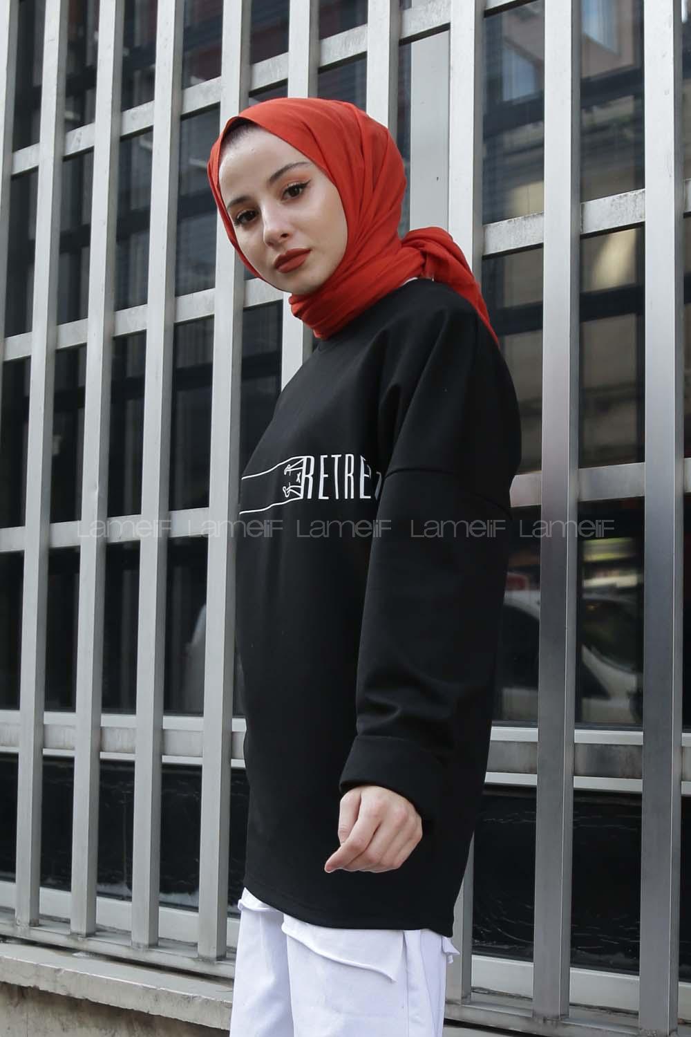 Modalamelif Bisiklet Yaka Retriat Yazı Baskılı Sweat Siyah