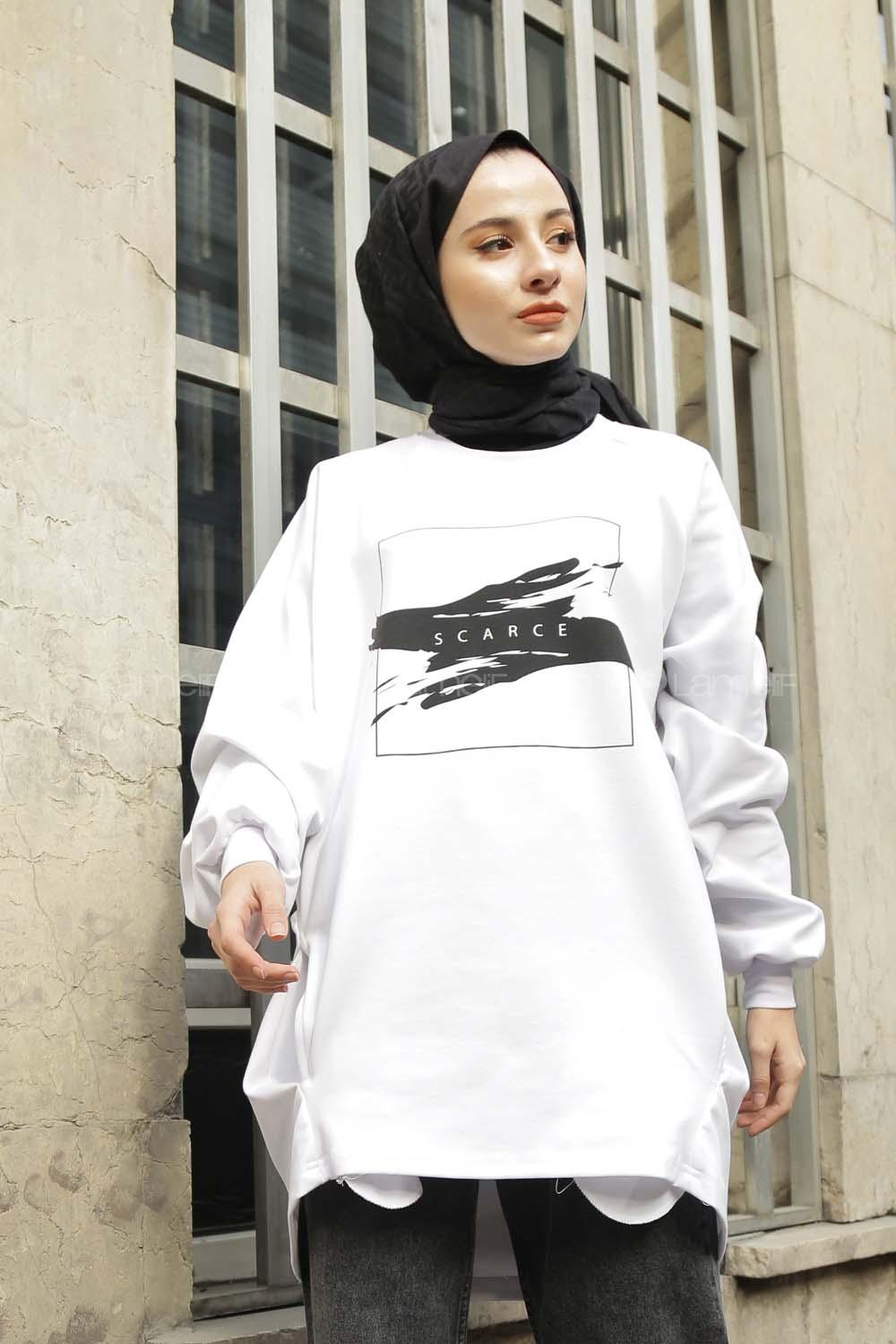 Modalamelif Bisiklet Yaka Scarce Yazı Baskılı Sweat Siyah Beyaz