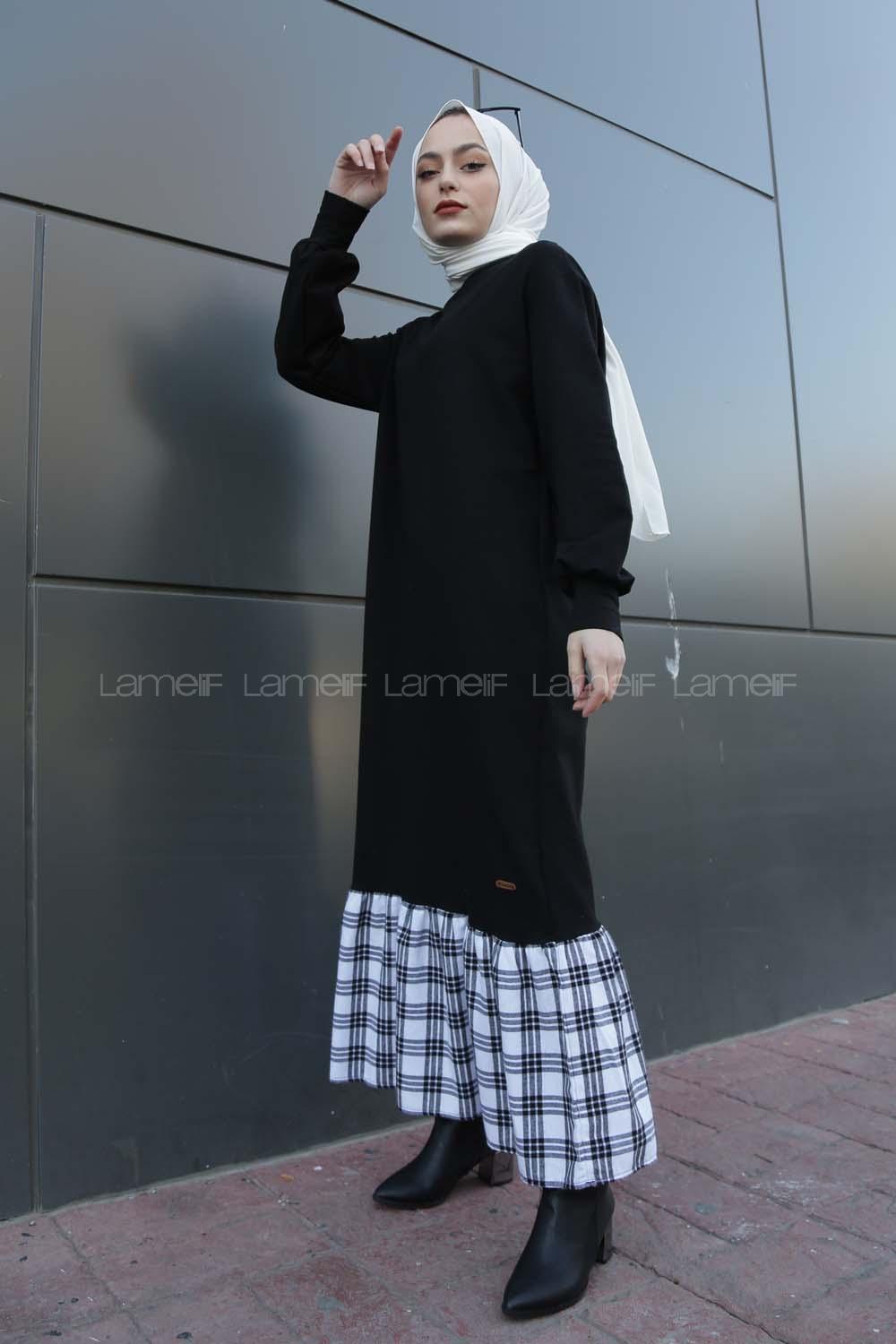 Modalamelif Etek Ucu Ekose Detaylı Elbise Beyaz Siyah