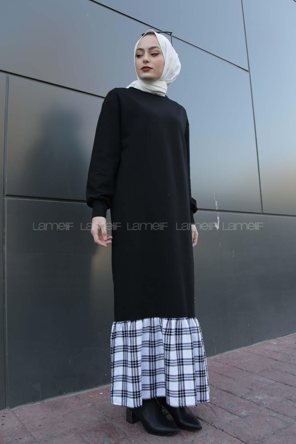 Modalamelif Etek Ucu Ekose Detaylı Elbise Beyaz Siyah