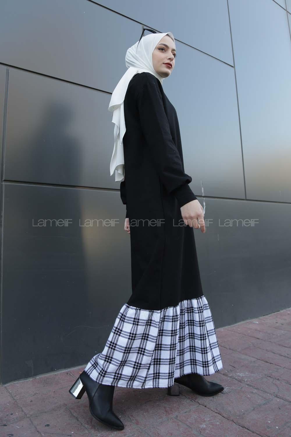 Modalamelif Etek Ucu Ekose Detaylı Elbise Beyaz Siyah