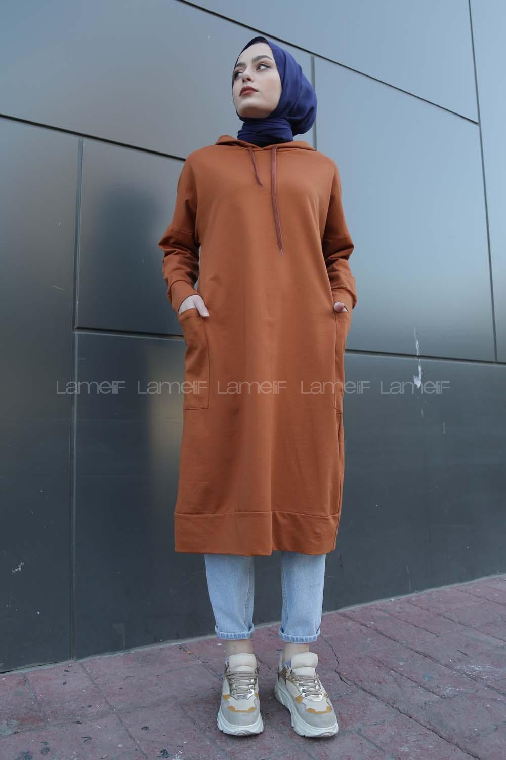 Modalamelif Kapşonlu Uzun Cep Detaylı Sweatshirt Taba