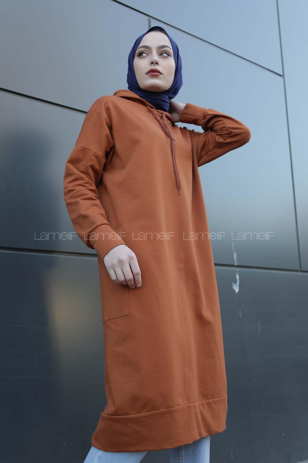 Modalamelif Kapşonlu Uzun Cep Detaylı Sweatshirt Taba